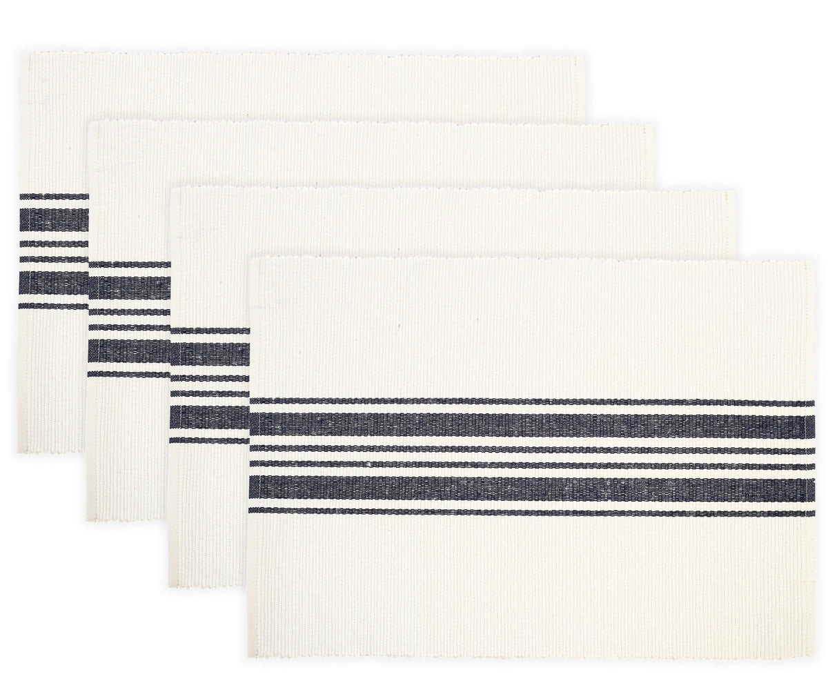 Woven Navy Blue Country Striped Placemats, rolled and tied with thin brown string.