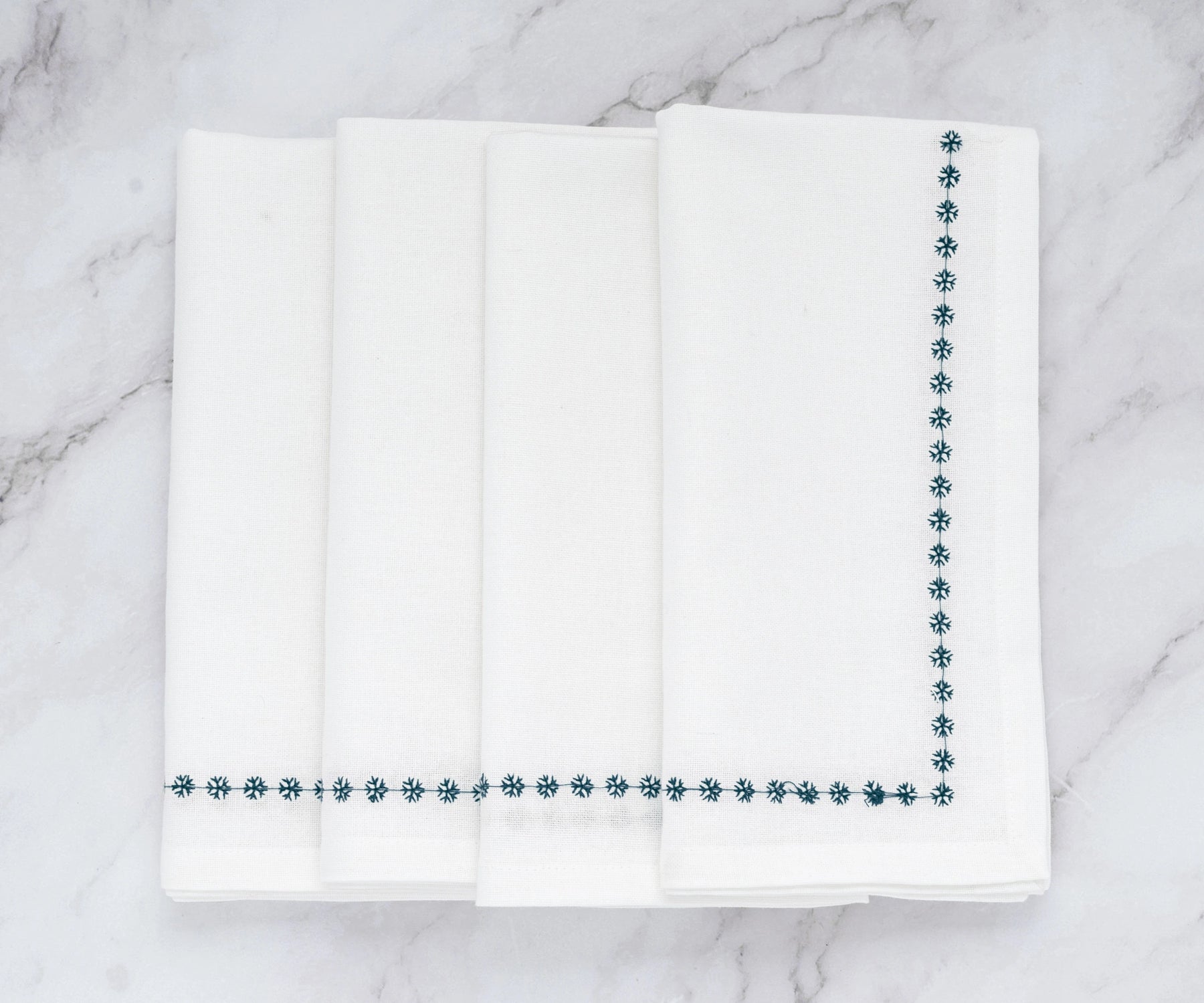 Green Snowflake Embroidered Cotton Napkins – Set of 4 – White Dinner Napkins
