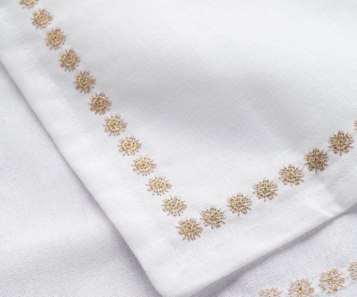 Elegant gold napkins made from high-quality fabric, folded perfectly for a formal dining table.