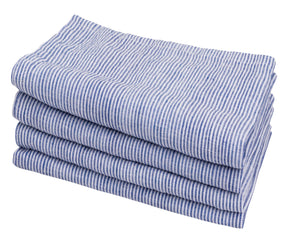 Close-up of soft and breathable 100% linen fabric in blue with white stripes