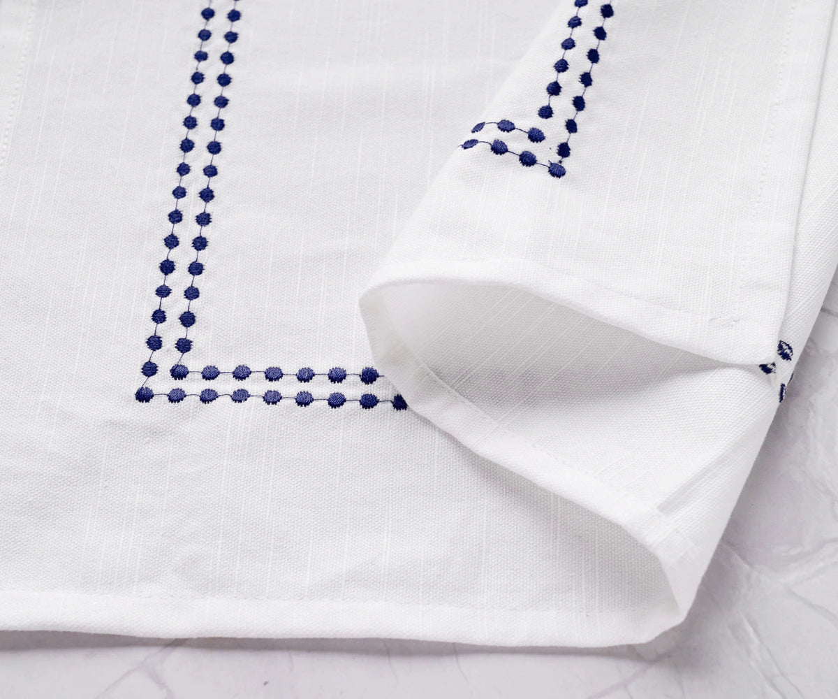 Navy Pearl Embroidered Cotton Napkins - Set of 12 with Elegant Detailing