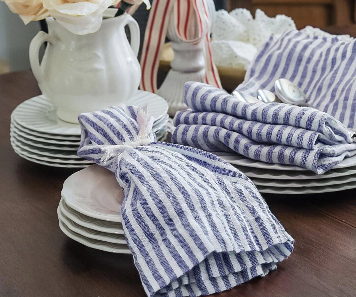 Blue linen napkins - Blue Striped Napkins - All Cotton and Linen