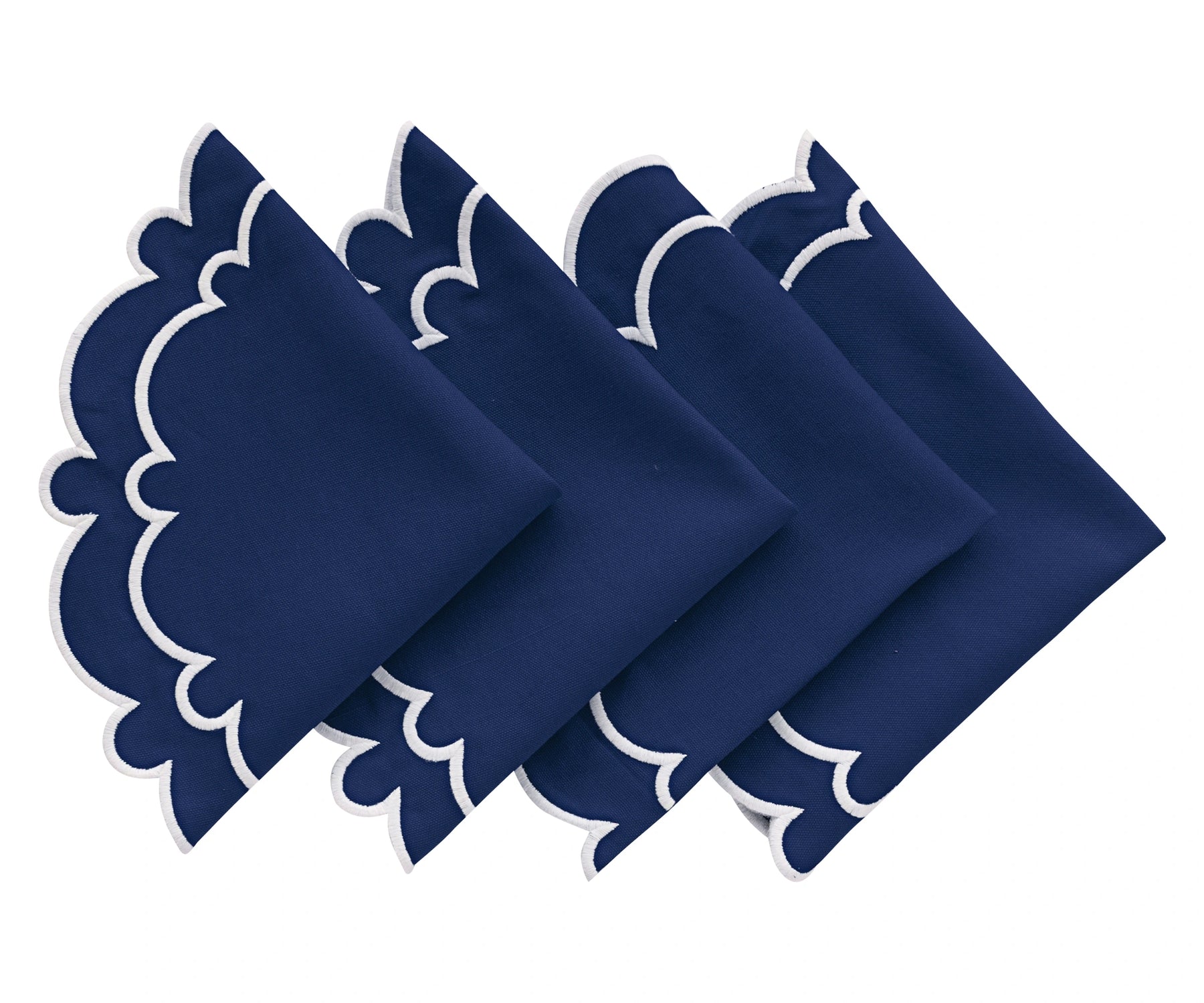 Navy Blue Round Scallop Cotton Placemats - Set of 4 (17") with White Embroidery