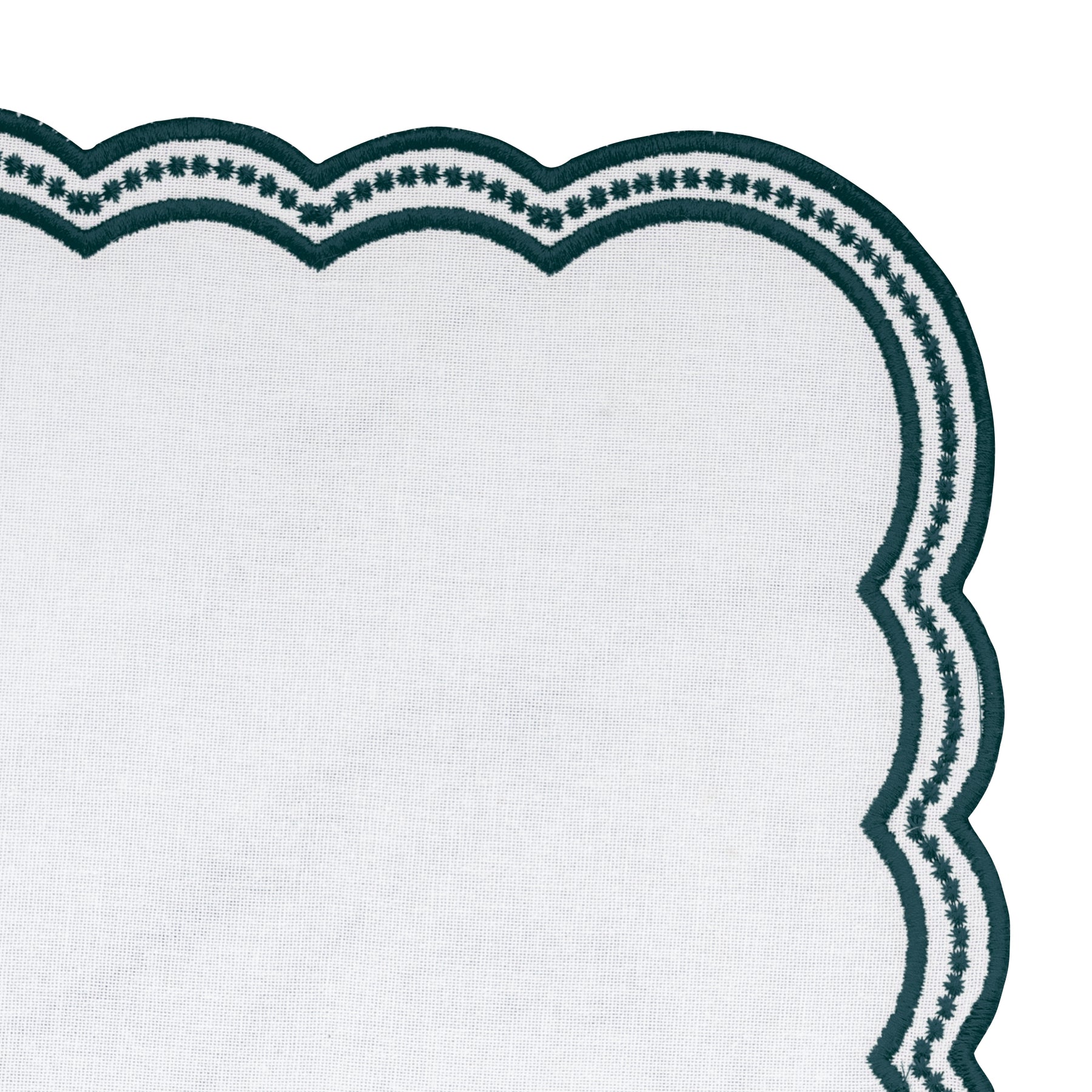 Soft cotton napkins with scalloped green embroidery, a perfect addition to modern and classic table decor.