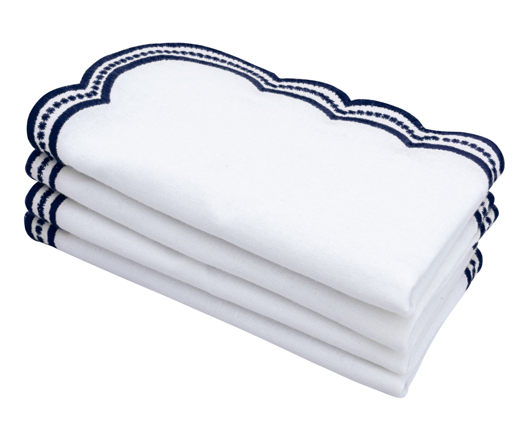 Elegant white napkins with navy blue scalloped embroidery, perfect for dining and special occasions.