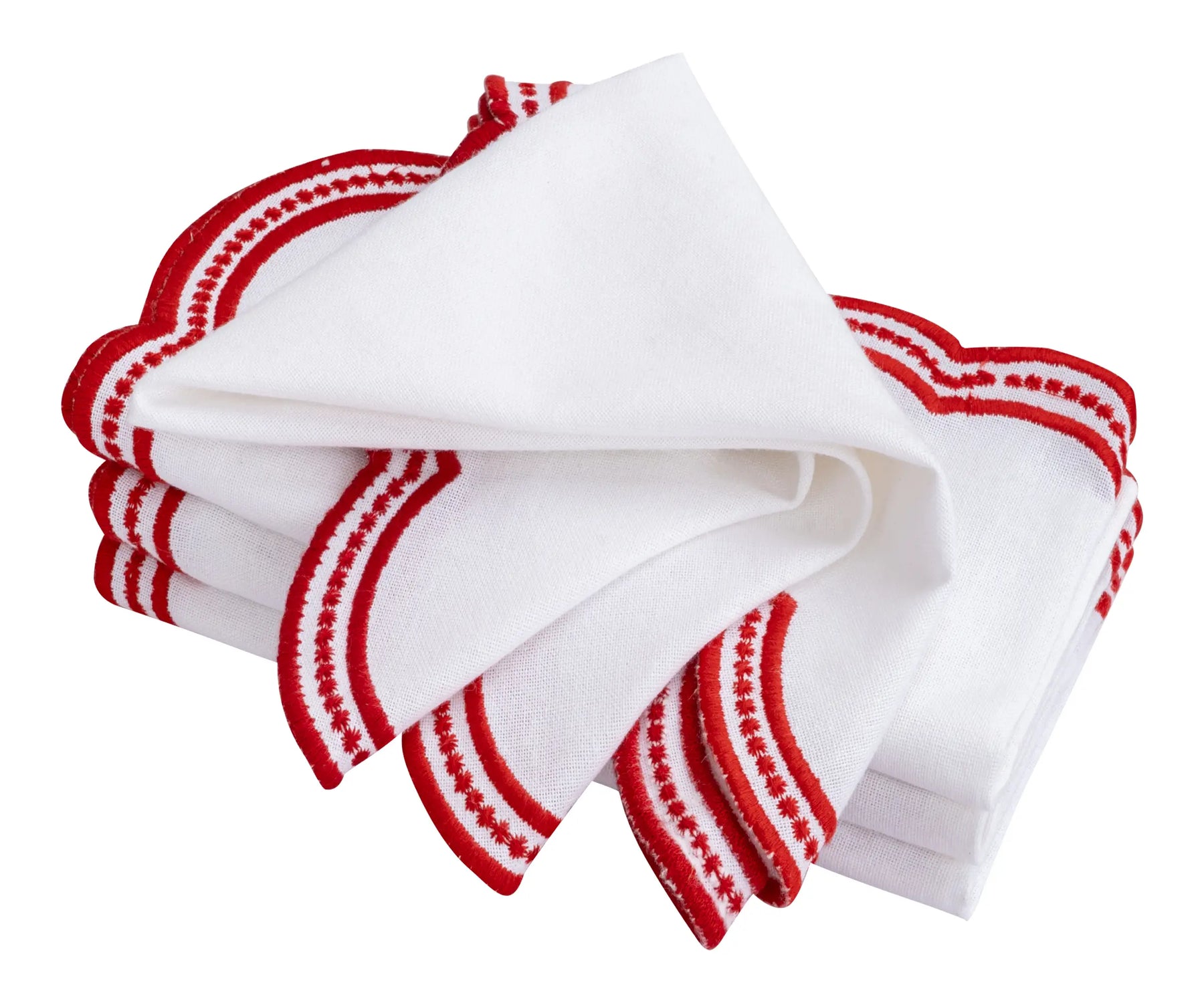 Stylish red embroidered napkins with a scalloped border, perfect for weddings and formal events.