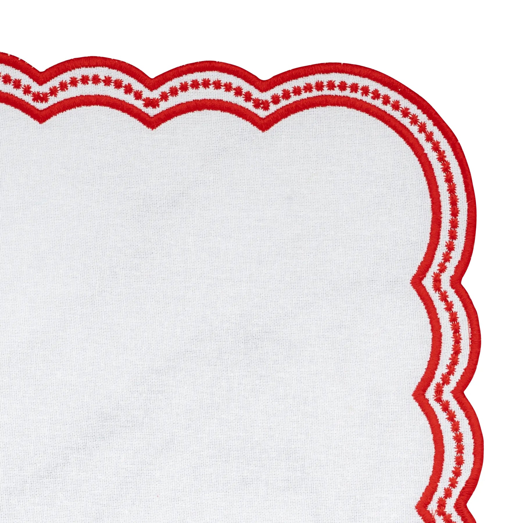 Beautifully crafted white napkins with deep red scalloped embroidery, folded elegantly for a chic table setting.