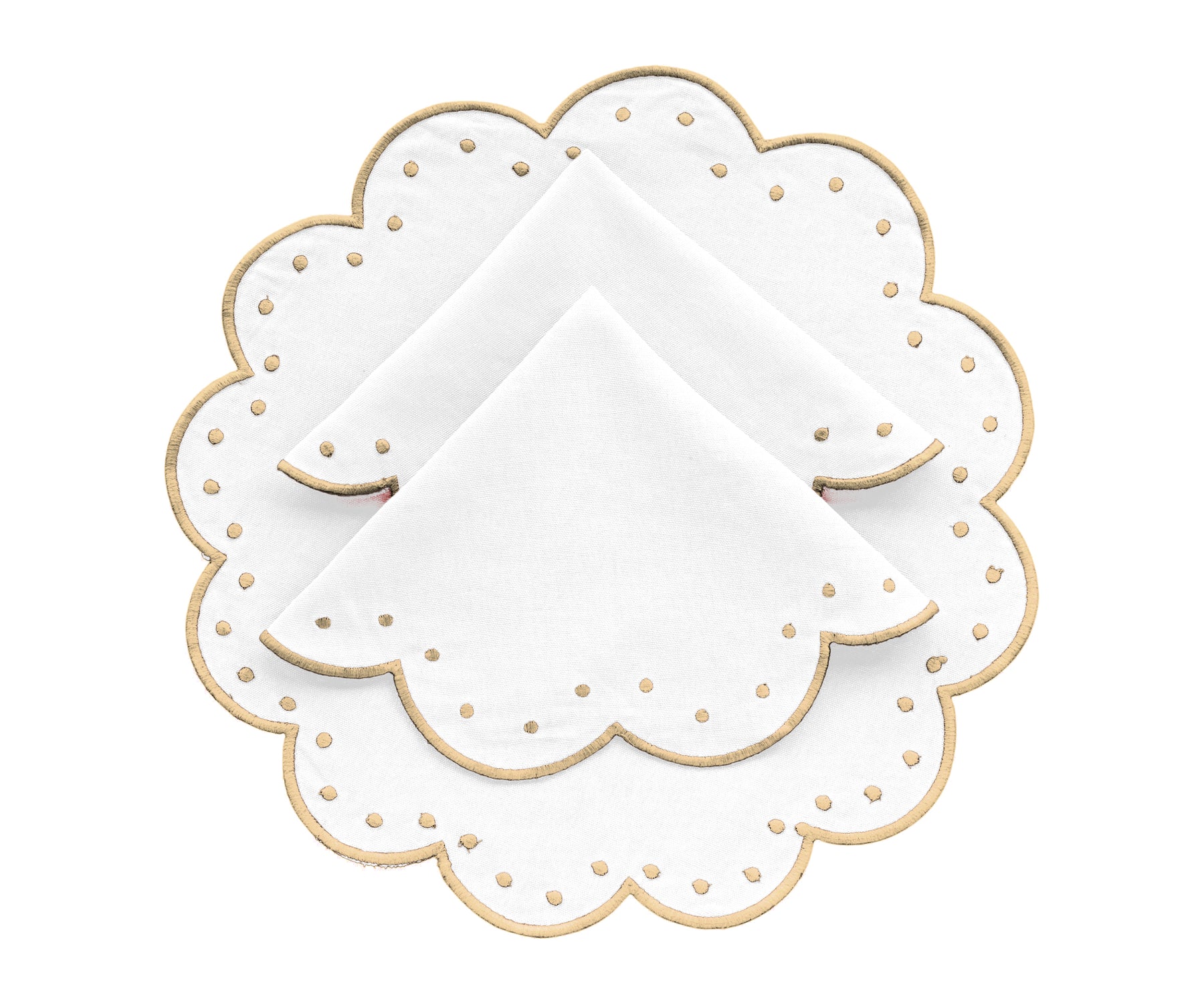 Set of 4 round cotton placemats with scalloped beige trim, 17-inch, elegant and durable for dining table decor.