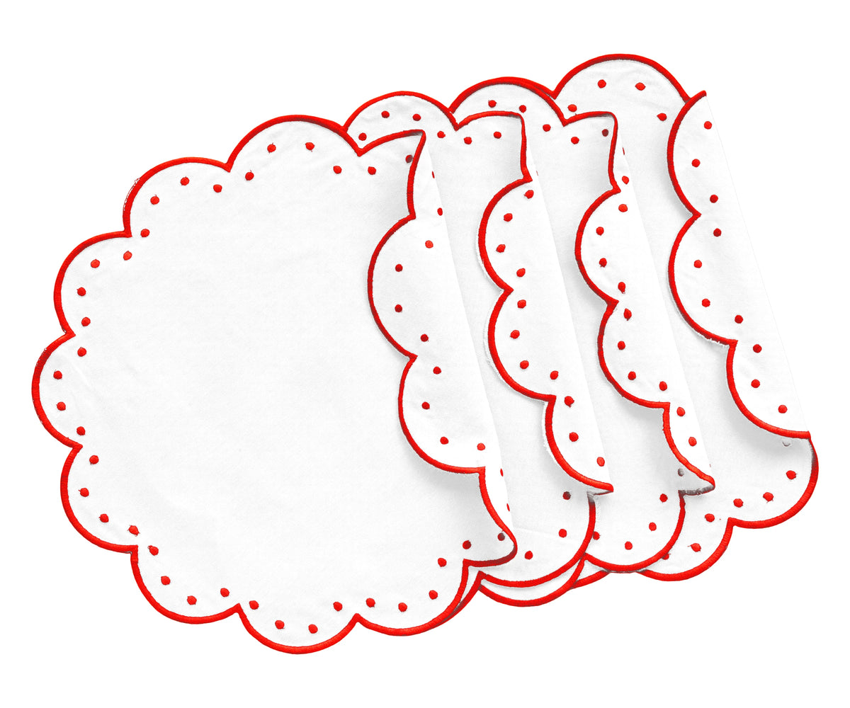 Red round scallop cotton placemats with red trim and polka-dot design, set of 4, 17 inches.
