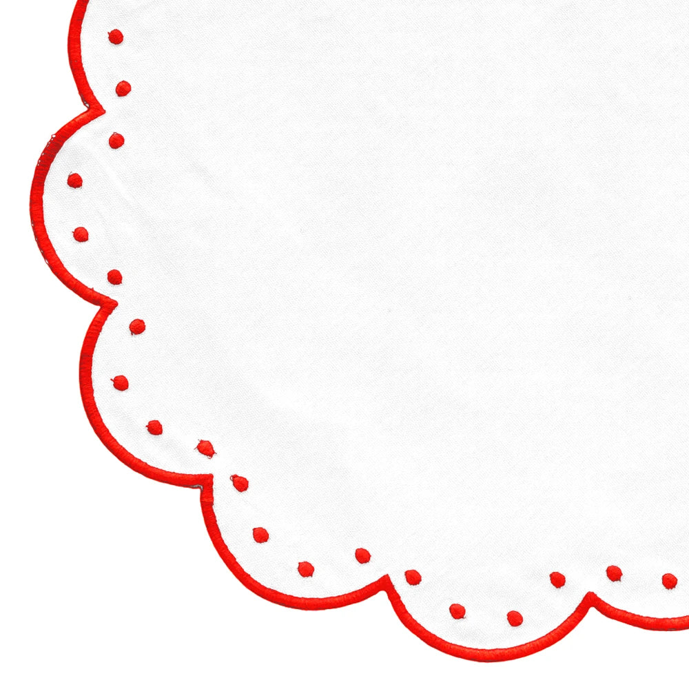 Set of 4 round cotton placemats with scalloped edges, red piping, and polka-dot accents, 17-inch diameter.