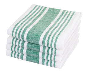 Classic green linen dinner napkins with elegant stripes enhance the dining experience with a refined touch. 