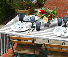 Linen outdoor holiday tablecloth for festive gatherings in the garden.