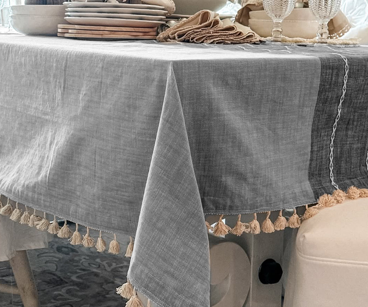 Gray Striped Tablecloth with Tassel