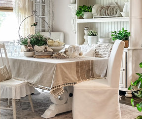 Beige Striped Tablecloth with Tassel