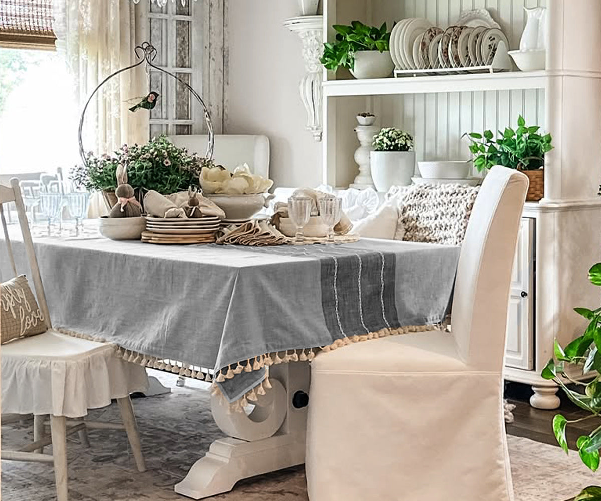 Gray Striped Tablecloth with Tassel