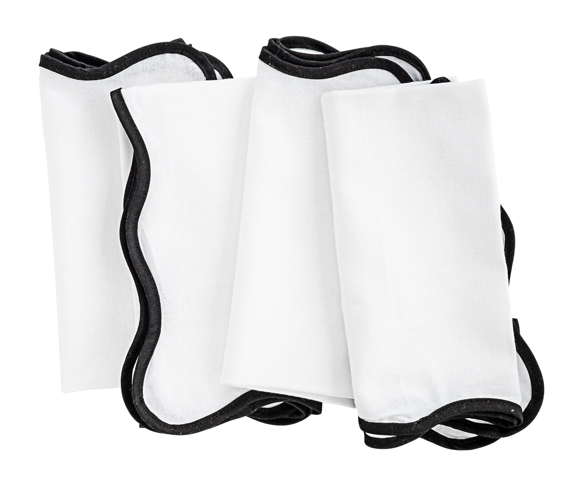 Black scalloped edge cotton napkins, 18-inch, perfect for dining and special occasions.