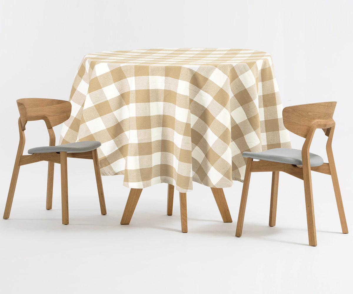 Add charm and style to your table settings with versatile choices: round beige tablecloth and buffalo plaid tablecloths, ideal for any occasion.