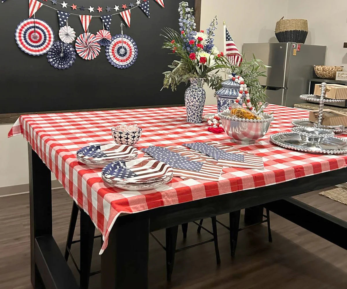 Classic red and white buffalo plaid tablecloth for casual or festive dining.