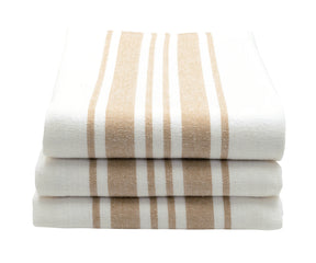 Stack of beige and cream striped dishtowels neatly folded.