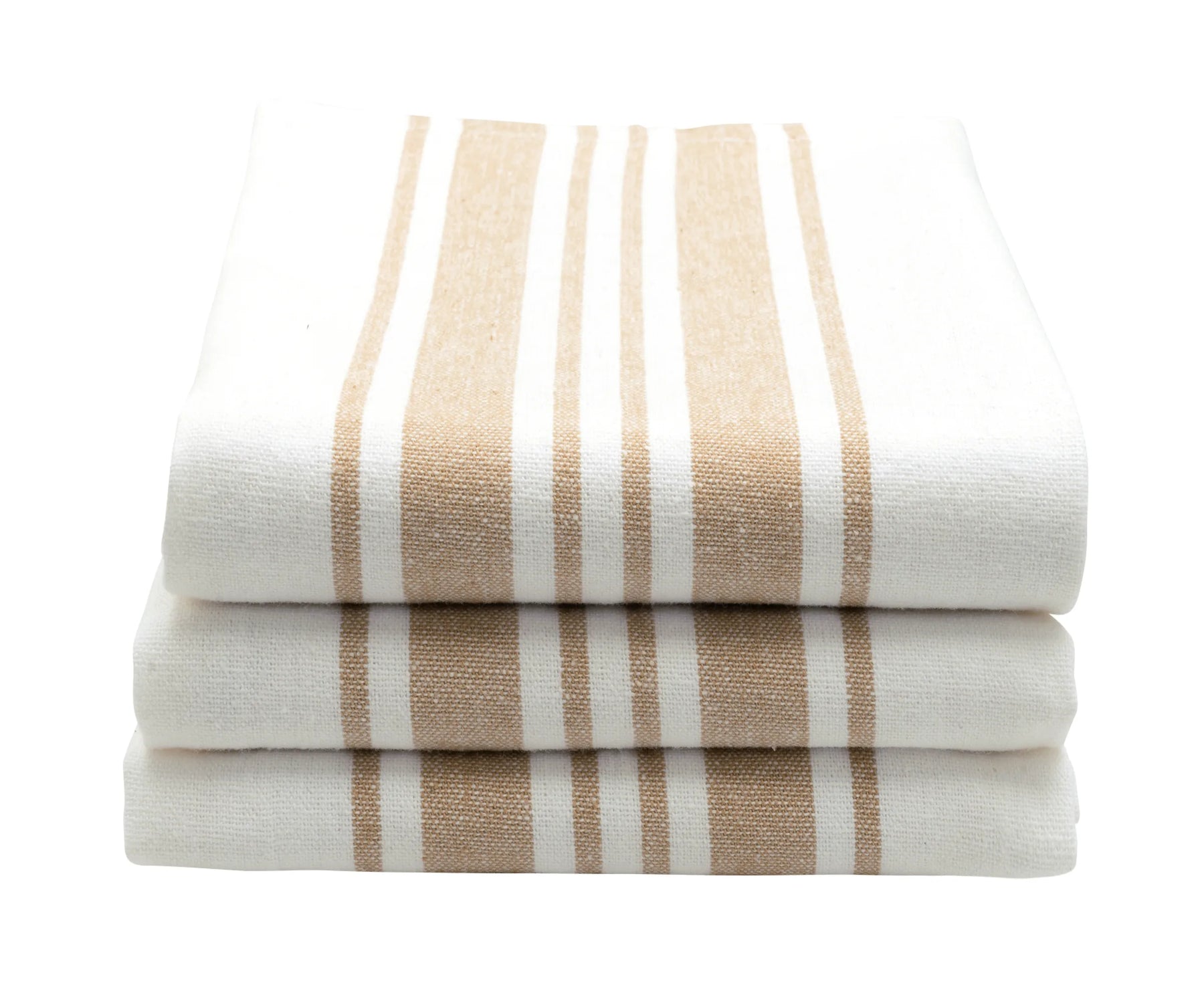 Beige and cream country stripes dishtowel placed on a dining table.