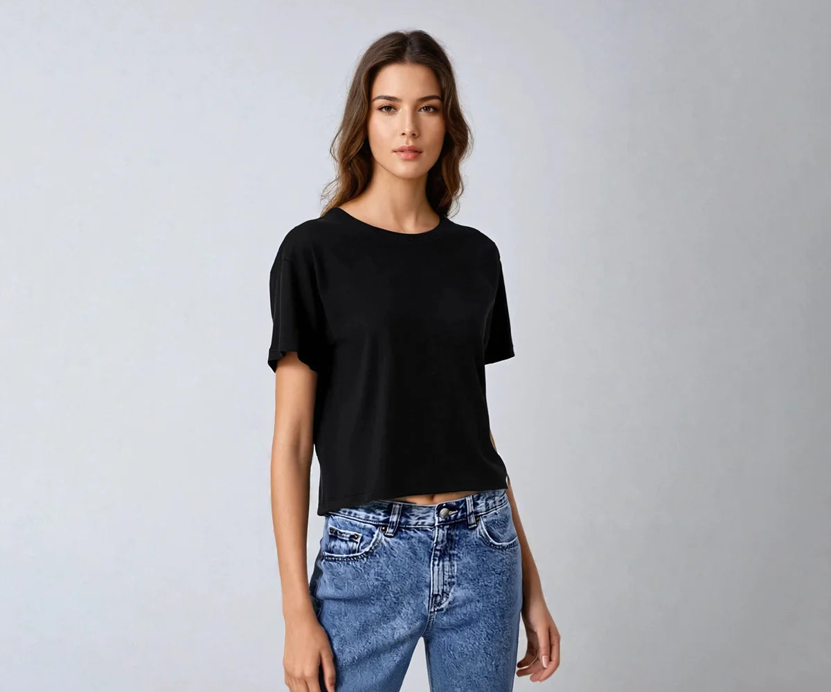 Trendy black crop top with a relaxed fit