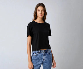 Trendy black crop top with a relaxed fit