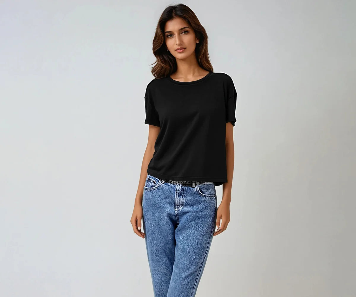 Women's cropped black crop top with a stylish design