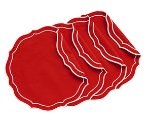 Elegant red round placemat with a shimmering finish, ideal for festive table settings.