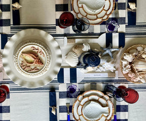 Blue checkered placemat on a wooden table