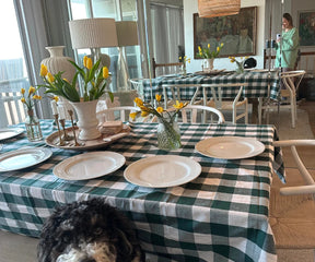 green and white plaid tablecloth