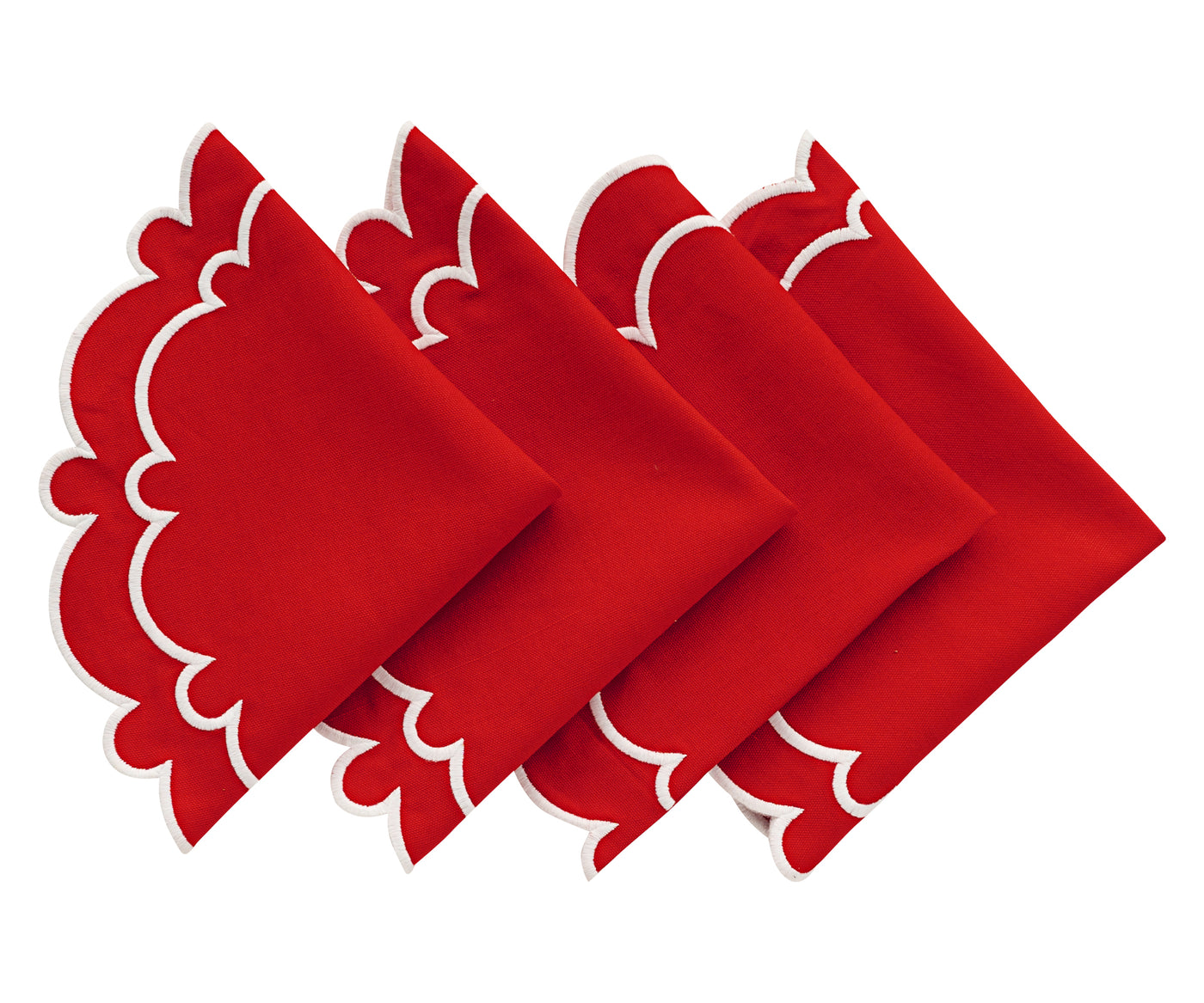 Chic red scalloped placemat with white trim, adding sophistication to a formal dinner table.