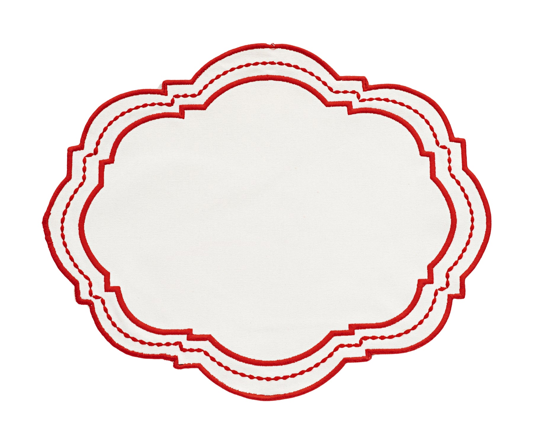 red cotton placemat with contrasting gold dots, styled for festive dining occasions.