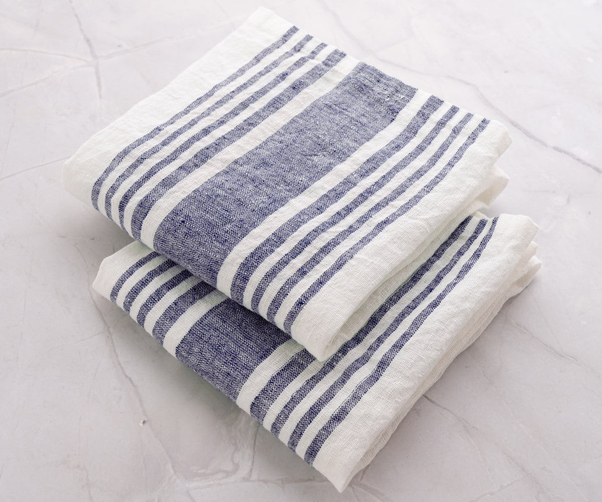 Navy striped border dish towel - set of 2