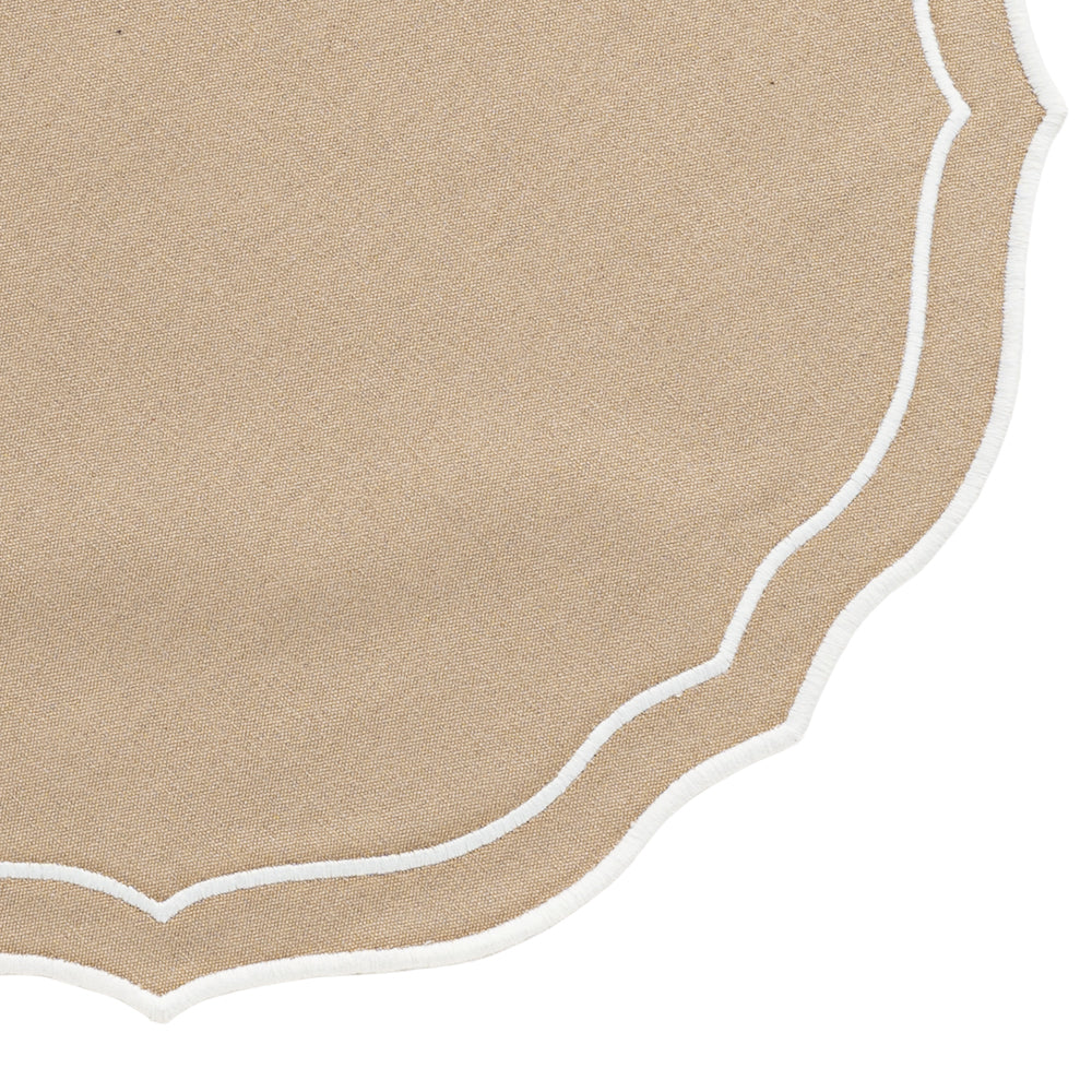 beige placemat styled with modern white tableware.