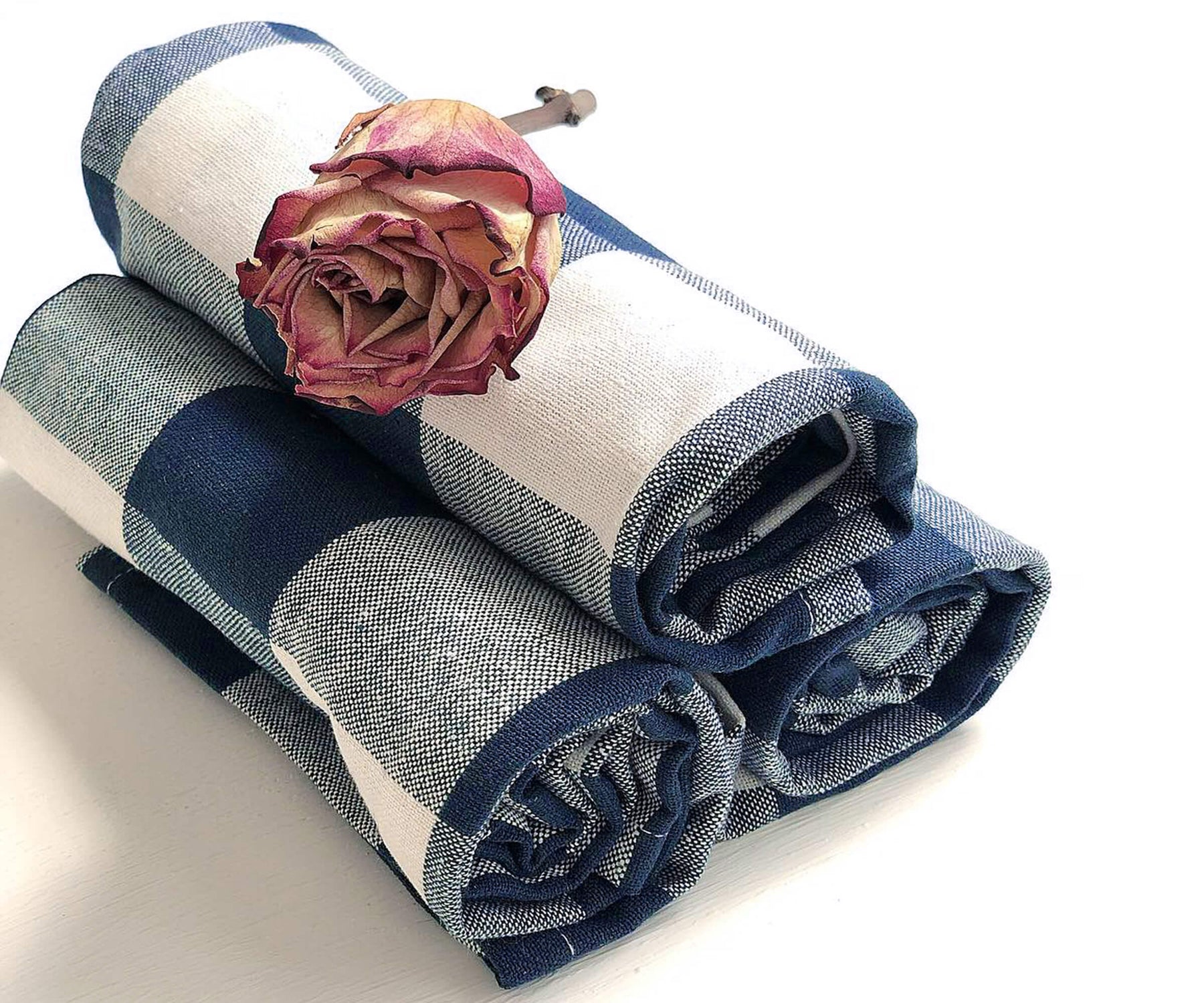 All Cotton and Linen Dark Blue and White Checkered Dish Towels | Set of 3, Cotton Kitchen Towels