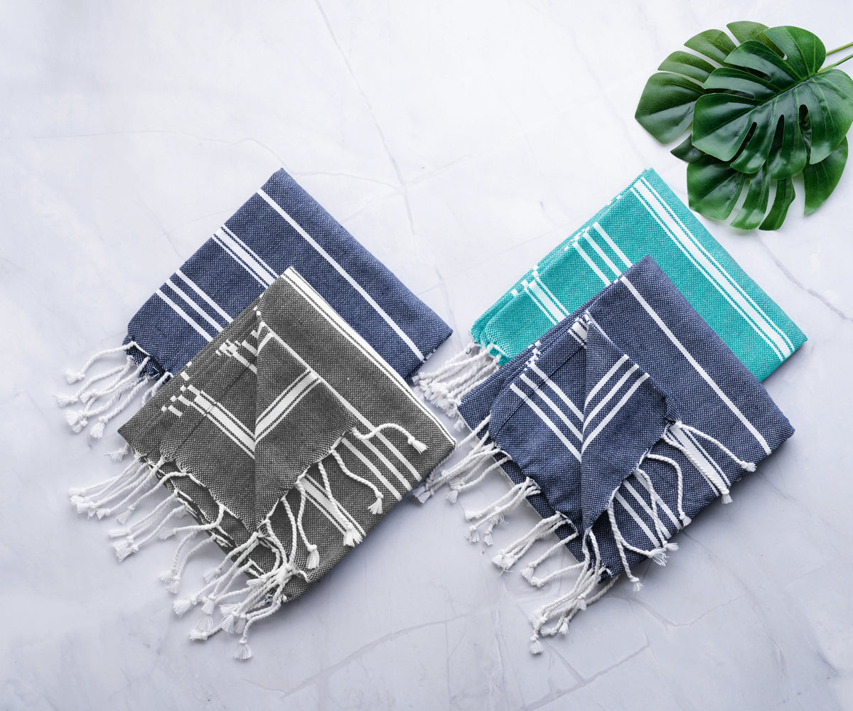 All Cotton and Linen Kitchen Towels - Cotton Dish Towels - Farmhouse Tea Towels - Striped Hand Towels - Absorbent Dish Cloths - Set of 4 - 18 inch x
